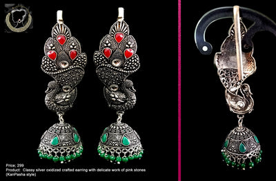 E095_Classy silver oxidized crafted jumki earring with delicate work of pink green stones (KaanPasha style)