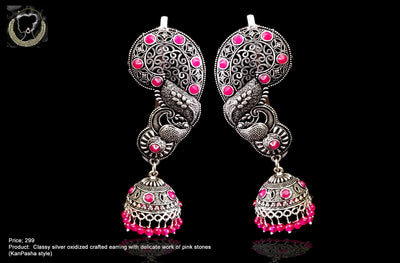 E096_Classy silver oxidized crafted jumki earring with delicate work of pink stones (KaanPasha style)