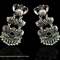 E098_Classy silver oxidized crafted earring with delicate work of black stones
