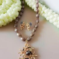 N0296_Lovely trendy floral design necklace set with glossy bead work studded with a touch of stones.