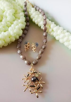 N0296_Lovely trendy floral design necklace set with glossy bead work studded with a touch of stones.