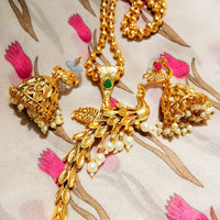 N0359_Gorgeous peacock design gold plated necklace with a touch of stones & pearl drops.