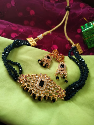 Dark Blue Polki Pearl Necklace With Earrings