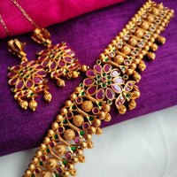 N0400_Gorgeous traditional style Gold plated choker necklace with delicate Pink & green ruby stone work.