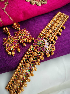 N0400_Gorgeous traditional style Gold plated choker necklace with delicate Pink & green ruby stone work.