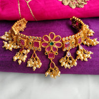 N0402_Classic flower design Gold plated choker necklace with delicate Pink & green ruby stone work with a touch of pearls.