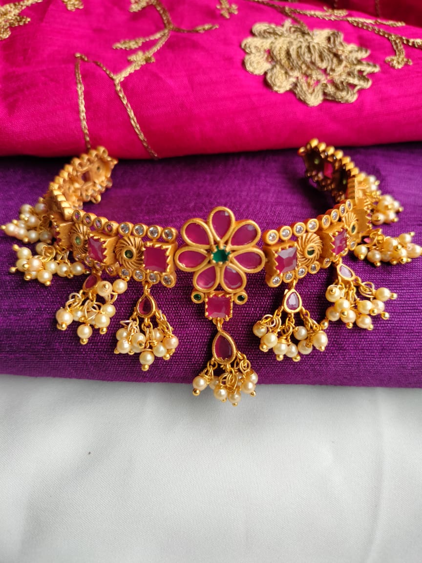 N0402_Classic flower design Gold plated choker necklace with delicate Pink & green ruby stone work with a touch of pearls.