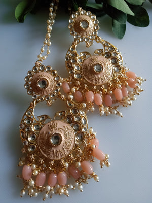 E0509_Gorgeous Grand peach color Meenakari danglers with with a touch of kundan stones along with light pink bead drops and pearls with a pair of ear chain.