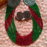 N0319_Vibrant layered dazzling light maroon & green colour crystal necklace with oxidized side pendants with delicate craft work.