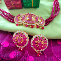 N0386_Classic pink crystal choker necklace set with a dazzling pendant studded  with  American diamond stones & pink ruby stones.