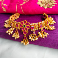 N0402_Classic flower design Gold plated choker necklace with delicate Pink & green ruby stone work with a touch of pearls.