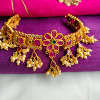 N0402_Classic flower design Gold plated choker necklace with delicate Pink & green ruby stone work with a touch of pearls.