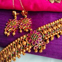 N0400_Gorgeous traditional style Gold plated choker necklace with delicate Pink & green ruby stone work.