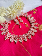 N0428_Elegant designer american diamond embellished necklace with a touch of pink stone work.