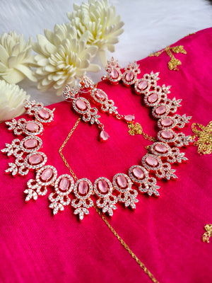 N0428_Elegant designer american diamond embellished necklace with a touch of pink stone work.