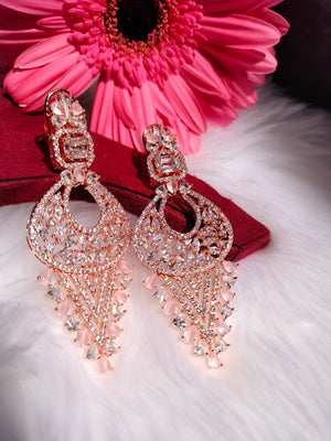 E0855_Classy designer statement American Diamond studded danglers with beautiful art work with a touch of pink stones.