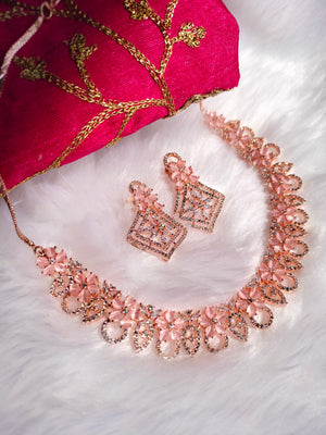 N0430_Elegant flower design american diamond embellished necklace with a touch of pink stone work.