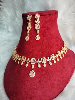 N0431_Elegant designer american diamond embellished necklace with a touch of pink stone work.