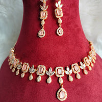 N0431_Elegant designer american diamond embellished necklace with a touch of pink stone work.