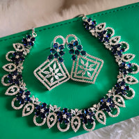 N0441_Elegant American Diamond stones embellished necklace set with delicate stone work studded with a touch of blue stones.