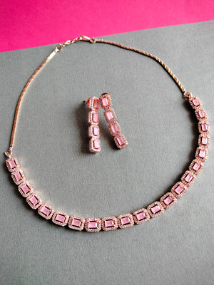 N0445_Elegant sleek design american diamond embellished necklace with a touch of pink stones.