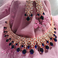 N0467_Elegant designer signature American Diamond stones embellished Choker necklace set with delicate stone work with a touch of navy blue stones.