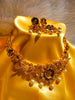 N0466_Gorgeous flower design gold plated American Diamond stones embellished Choker necklace set with delicate stone work with a touch of pink ruby stones with pearl drops.