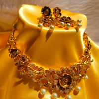 N0466_Gorgeous flower design gold plated American Diamond stones embellished Choker necklace set with delicate stone work with a touch of pink ruby stones with pearl drops.