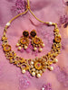 N0466_Gorgeous flower design gold plated American Diamond stones embellished Choker necklace set with delicate stone work with a touch of pink ruby stones with pearl drops.