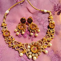 N0466_Gorgeous flower design gold plated American Diamond stones embellished Choker necklace set with delicate stone work with a touch of pink ruby stones with pearl drops.