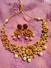 N0466_Gorgeous flower design gold plated American Diamond stones embellished Choker necklace set with delicate stone work with a touch of pink ruby stones with pearl drops.