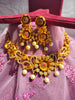 N0466_Gorgeous flower design gold plated American Diamond stones embellished Choker necklace set with delicate stone work with a touch of pink ruby stones with pearl drops.