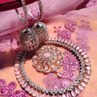 N0463_Elegant  designer American Diamond stones embellished necklace set with delicate stone work with a touch of light pink stones.