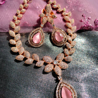 N0469_Gorgeous  leafy design American Diamond stones embellished necklace set with delicate stone work with a touch of pink stones.