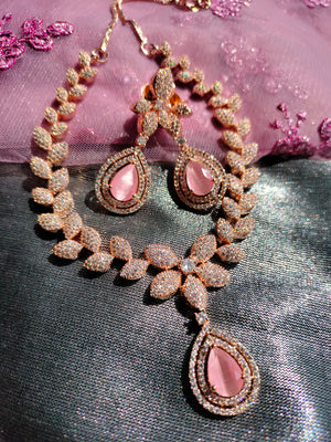 N0469_Gorgeous  leafy design American Diamond stones embellished necklace set with delicate stone work with a touch of pink stones.