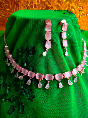 N0470_Classy square shaped American Diamond stones embellished necklace set with delicate stone work with a touch of pink stones.