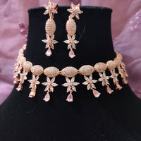 N0474_Classy American Diamond stones embellished necklace set with delicate floral design.