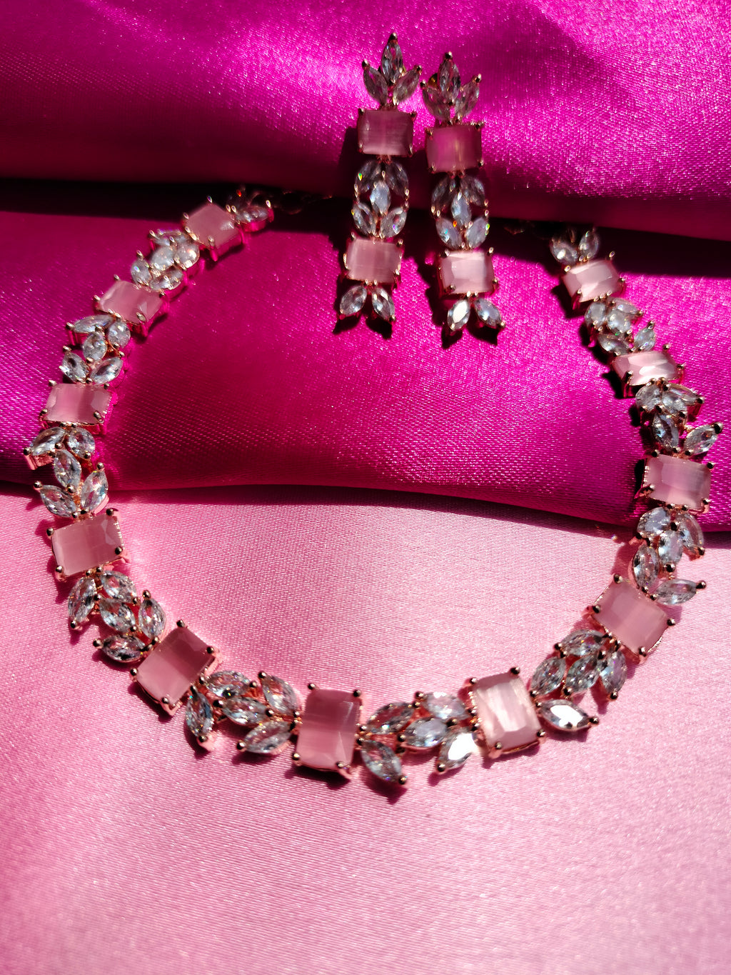 N0491_Elegant designer rose gold american diamond studded choker necklace set with a touch of pink stones.