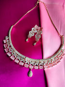 N0487_Gorgeous american diamond studded  choker necklace set with a touch of square shaped pink stones.