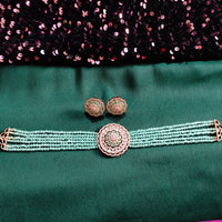 N0502_Classic designer sea green crystal Grand circular shaped pendant choker necklace set studded  with  American diamond stones.