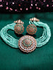 N0502_Classic designer sea green crystal Grand circular shaped pendant choker necklace set studded  with  American diamond stones.