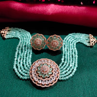 N0502_Classic designer sea green crystal Grand circular shaped pendant choker necklace set studded  with  American diamond stones.