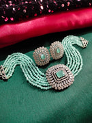 N0503_Classic designer sea green crystal Grand Square shaped pendant choker necklace set studded  with  American diamond stones.