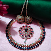 N0506_Elegant designer rose gold american diamond embellished necklace set with a touch of  blue colour