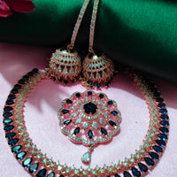 N0506_Elegant designer rose gold american diamond embellished necklace set with a touch of  blue colour