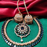 N0506_Elegant designer rose gold american diamond embellished necklace set with a touch of  blue colour