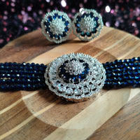 N0505_Classic designer navy blue crystal Grand circular pendant choker necklace set studded  with  American diamond stones.