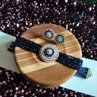 N0505_Classic designer navy blue crystal Grand circular pendant choker necklace set studded  with  American diamond stones.