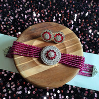 N0508_Classic designer magenta crystal Grand circular pendant choker necklace set studded  with  American diamond stones.