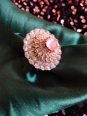 R041_Lovely designer American Diamond studded statement ring with delicate stone work with a touch of pink stones.